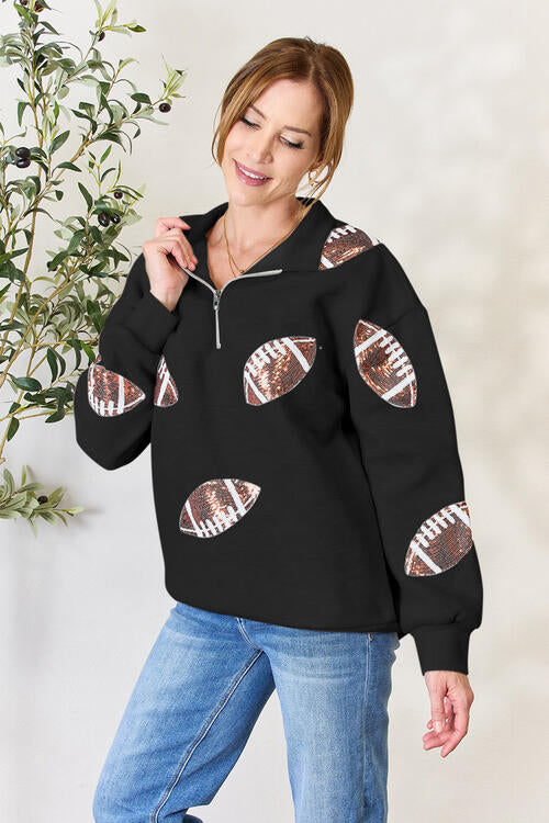 Double Take Full Size Sequin Football Half Zip Long Sleeve Sweatshirt