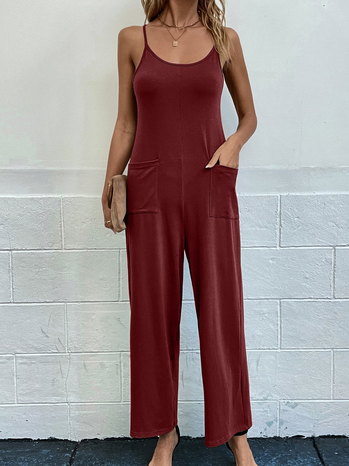 Pocketed Spaghetti Strap Wide Leg Jumpsuit