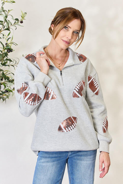 Double Take Full Size Sequin Football Half Zip Long Sleeve Sweatshirt