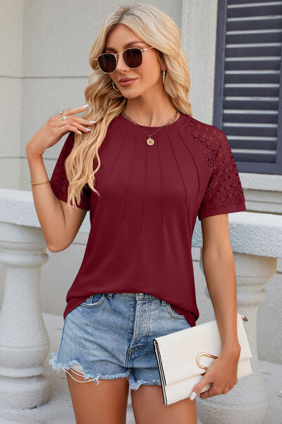 Openwork Round Neck Short Sleeve T-Shirt