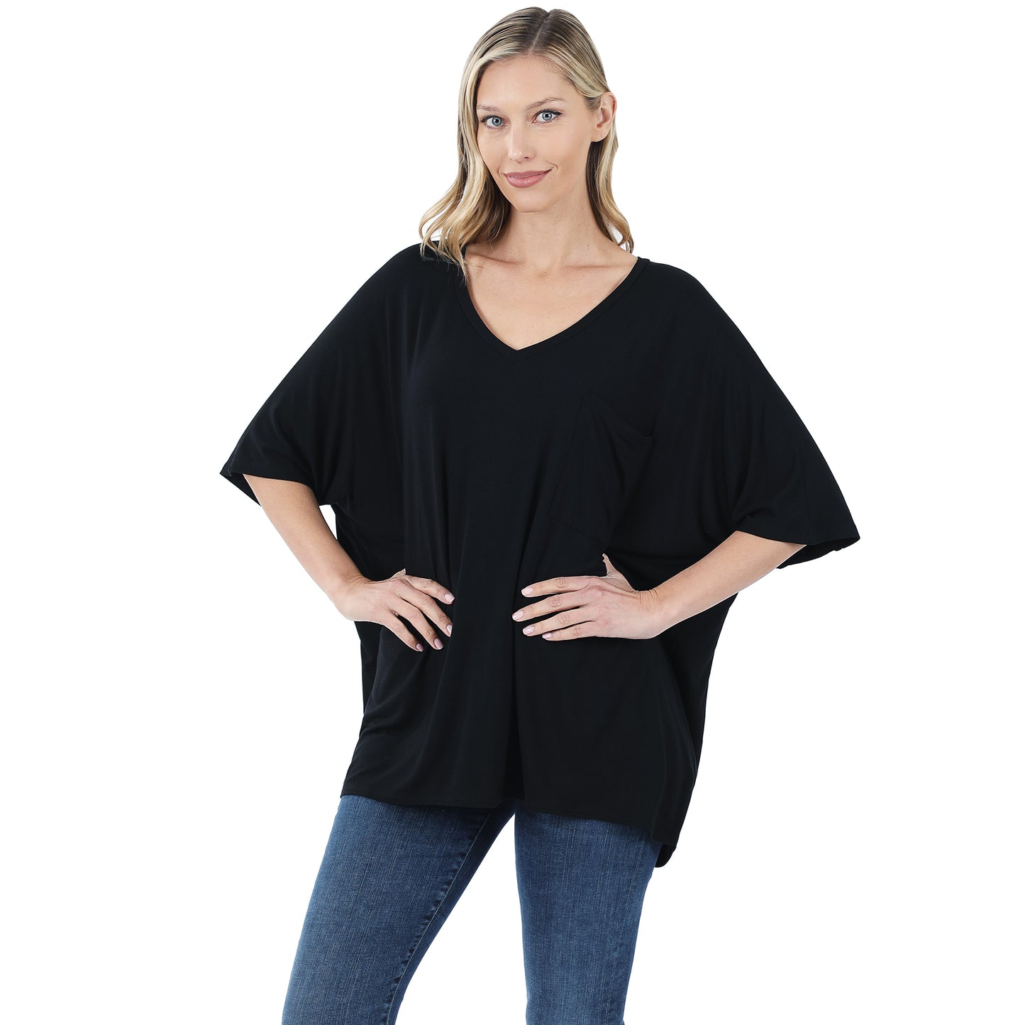 Lux Rayon Oversized V-Neck Font Pocket Top