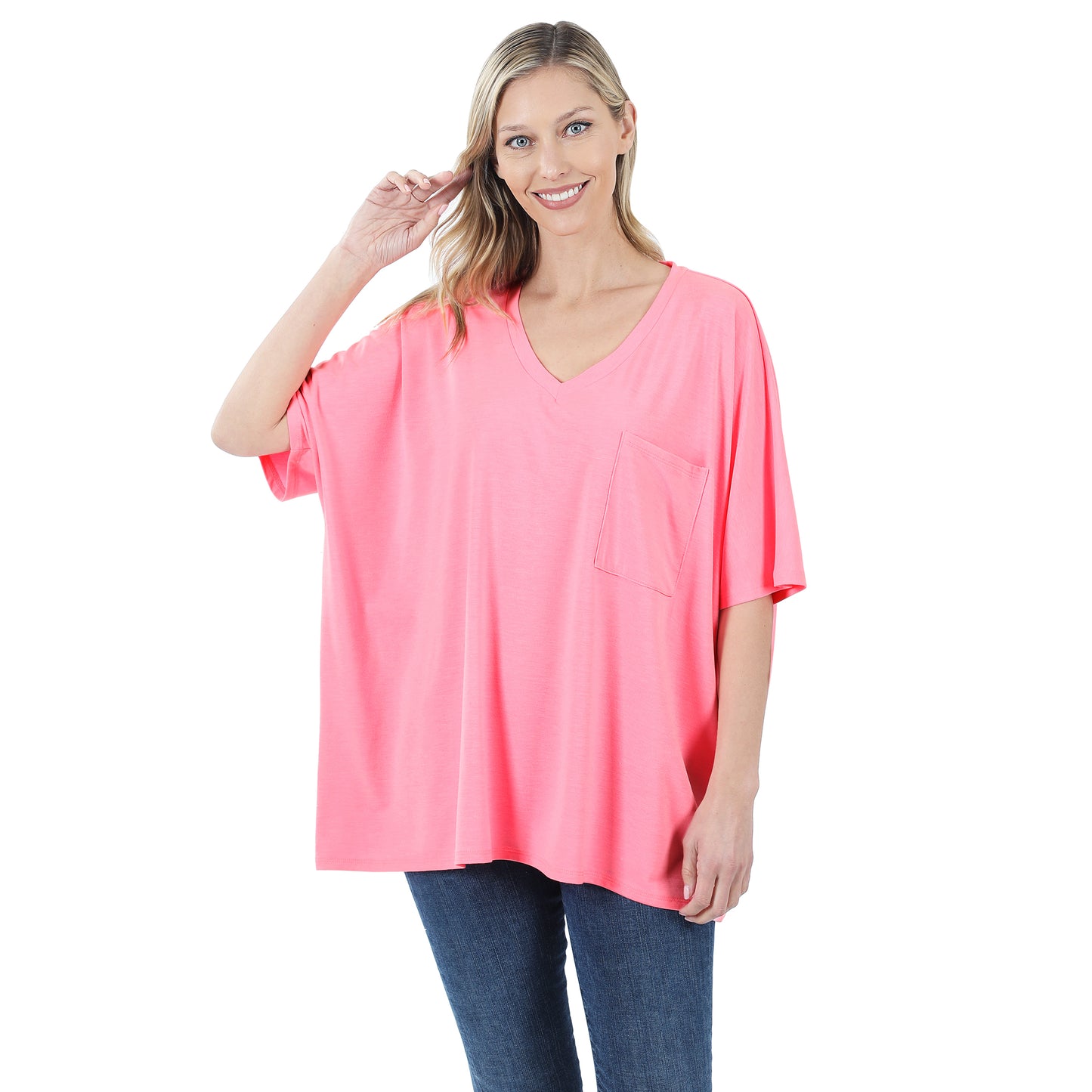 Lux Rayon Oversized V-Neck Font Pocket Top