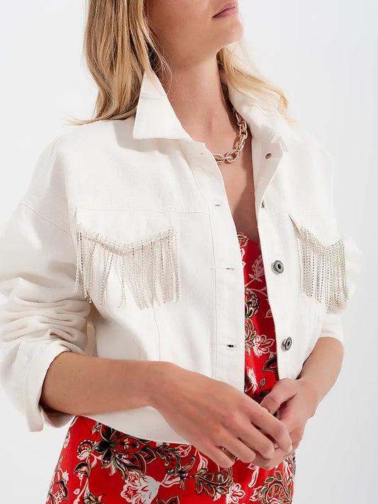 Denim jacket with diamante fringing in white