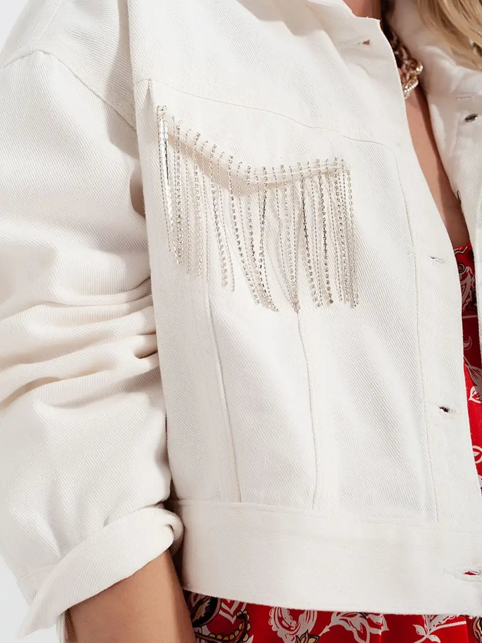 Denim jacket with diamante fringing in white