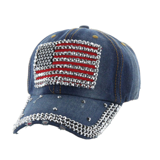 Rhinestone American Flag Denim Baseball Cap